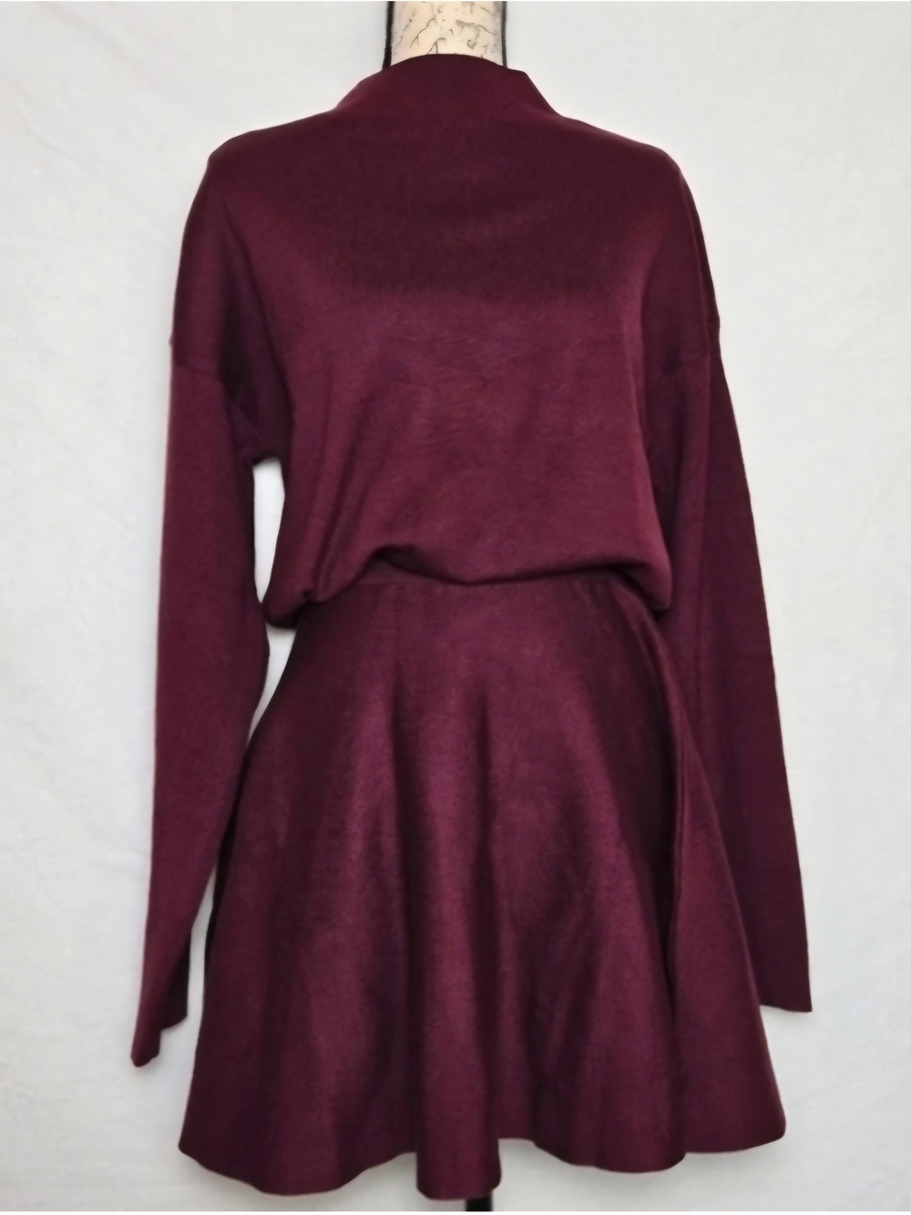 Burgundy Mock Neck Sweater Dress Fit Flare Skater Knit Mini Long Sleeve L